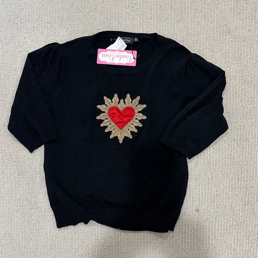 Voodoo Vixen Black Sweater with Red Heart and Gold Sunburst